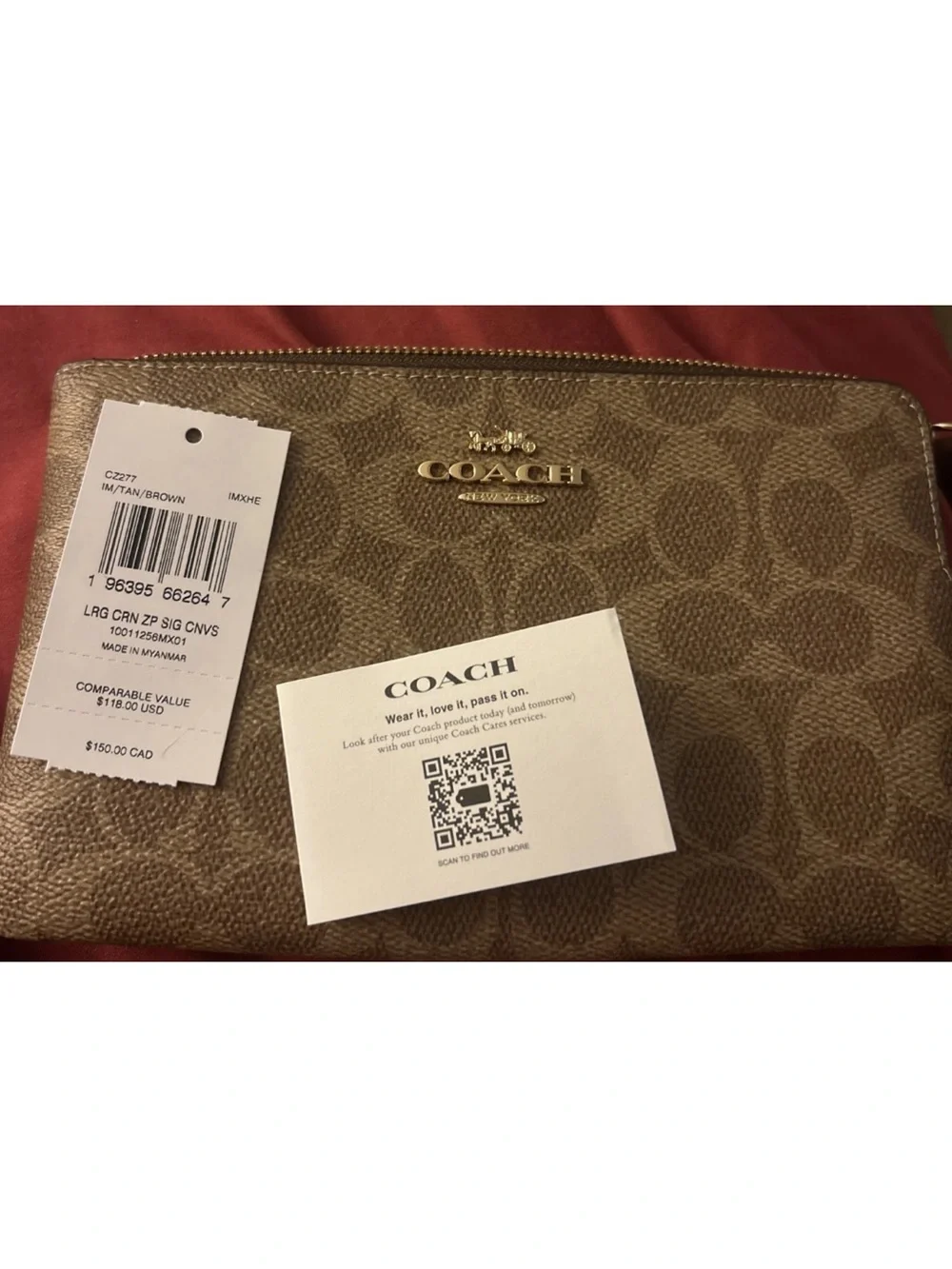Coach Tan Signature Canvas Zip Wristlet with Gold Logo